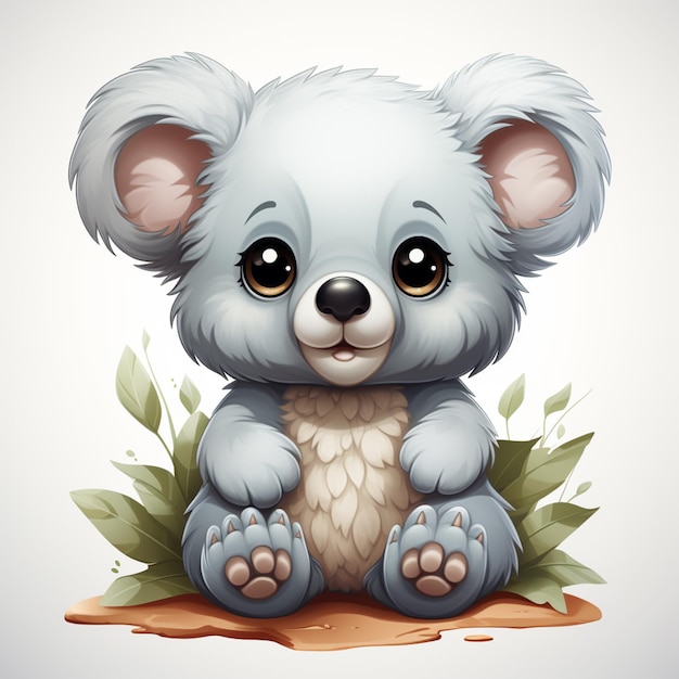 Karikatur Koala-Bär sitzt auf einem Stück Holz mit Blättern generative ai