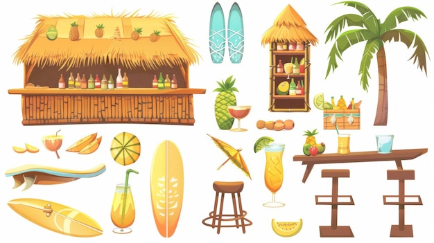 Karikatur-Modern-Illustrationssatz von Sommer-Meer-Sand-Shore-Café mit Cocktails und Früchten Tropische Holz- und Bambus-Hütte mit Stroh- oder Strohdach an einem tropischen Strand in Hawaii