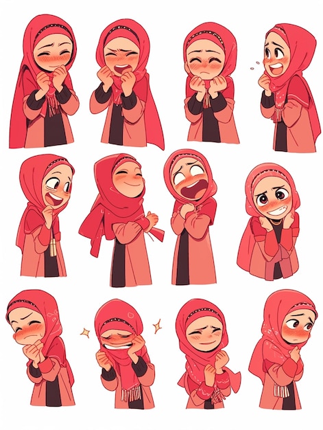 Foto karikatur von einer frau im hijab, die mit verschiedenen ausdrücken posiert.