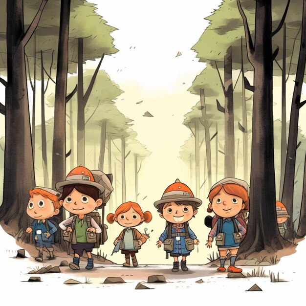 Foto karikatur von einer gruppe von kindern in einem wald mit rucksäcken generative ai