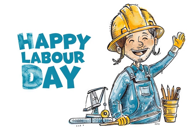 Foto karikaturarbeiter in einem bauhelm auf der rechten seite des bildes text happy labor day auf dem linken weißen hintergrund