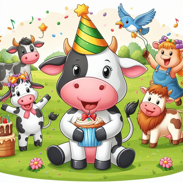 Foto karikaturbilder, in denen eine kuh ihren geburtstag feiert