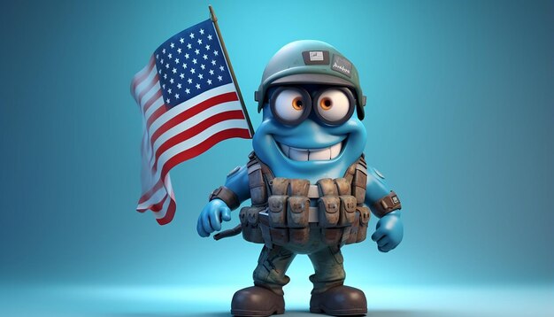 Foto karikaturfigur eines amerikanischen soldaten mit großen augen und amerikanischer flagge in hellblauer pose