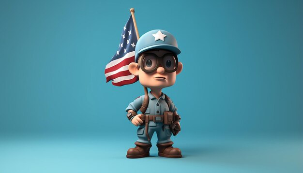 Karikaturfigur eines amerikanischen Soldaten mit großen Augen und amerikanischer Flagge in hellblauer Pose