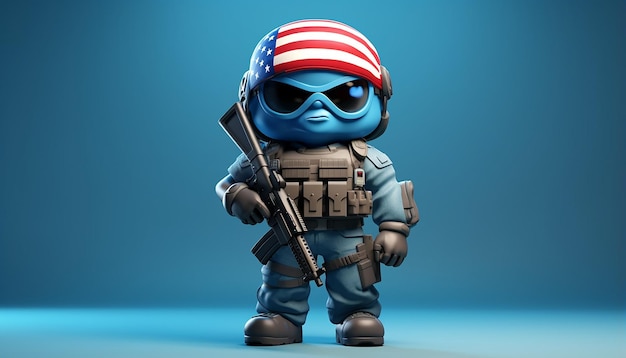 Foto karikaturfigur eines amerikanischen soldaten mit großen augen und amerikanischer flagge in hellblauer pose