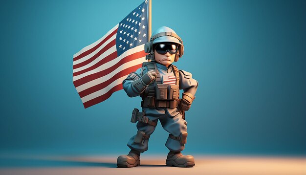 Karikaturfigur eines amerikanischen Soldaten mit großen Augen und amerikanischer Flagge in hellblauer Pose