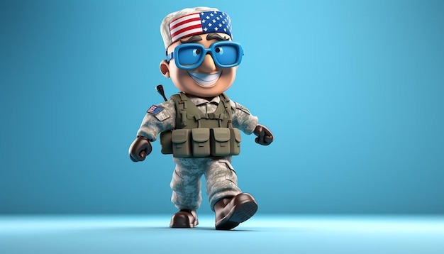 Karikaturfigur eines amerikanischen Soldaten mit großen Augen und amerikanischer Flagge in hellblauer Pose