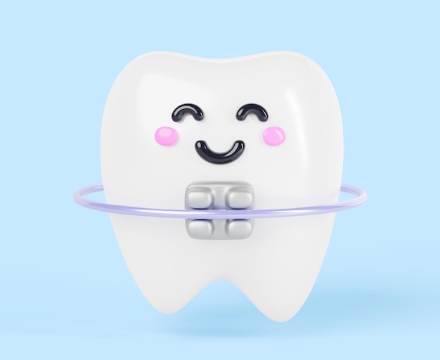 Karikaturfigur Kawaii mit metallenen Zahnspangen 3D-Rendering-Icon Cute lächelnder Zahn mit Klammern und Bogendraht für orthodontische Behandlung und Korrektur auf blauem Hintergrund 3D-Illustration