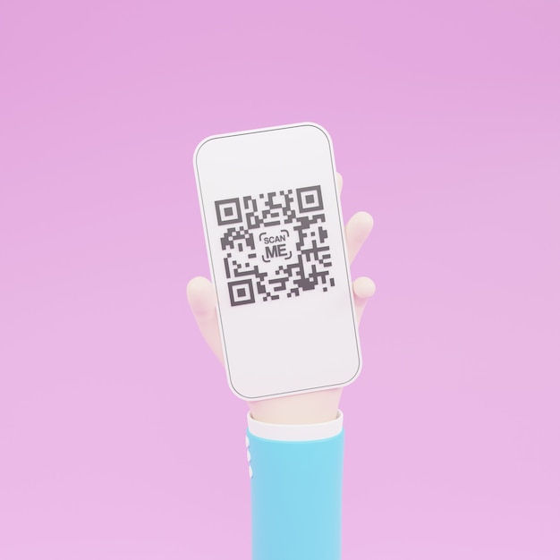 Karikaturhand, die mobiles Smartphone mit Scan-QR-Code hält. Scannen von QR-Code und Online-Zahlung, Geldüberweisung. Elektronische, digitale Technologie, Barcode-3D-Darstellung