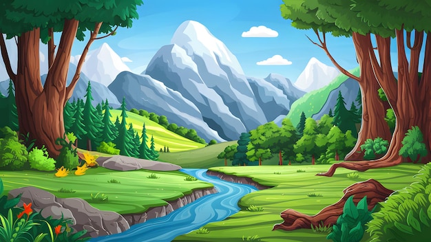 Karikaturische Berglandschaft mit üppigem Wald und fließendem Fluss