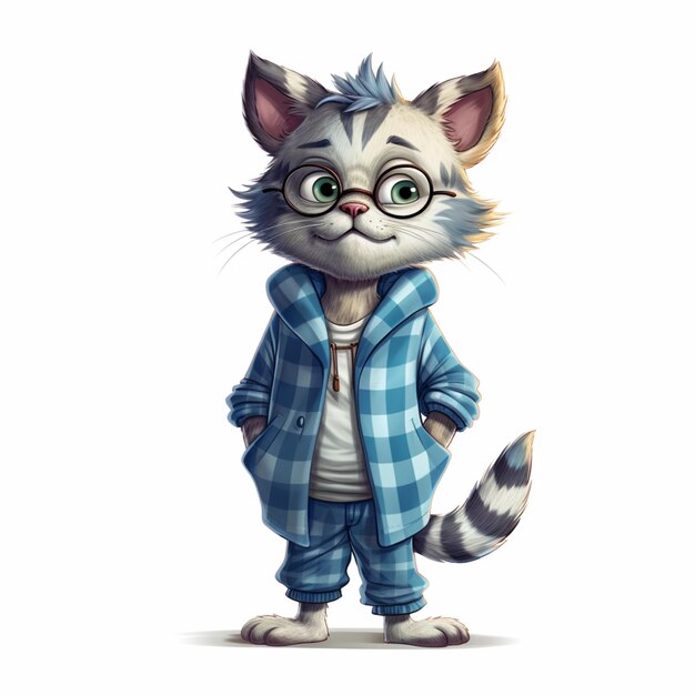 Karikaturkatze in blauer Jacke und Hose steht mit den Händen in den Taschen