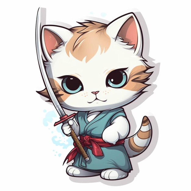 Foto karikaturkatze in kimono-outfit mit einem schwert