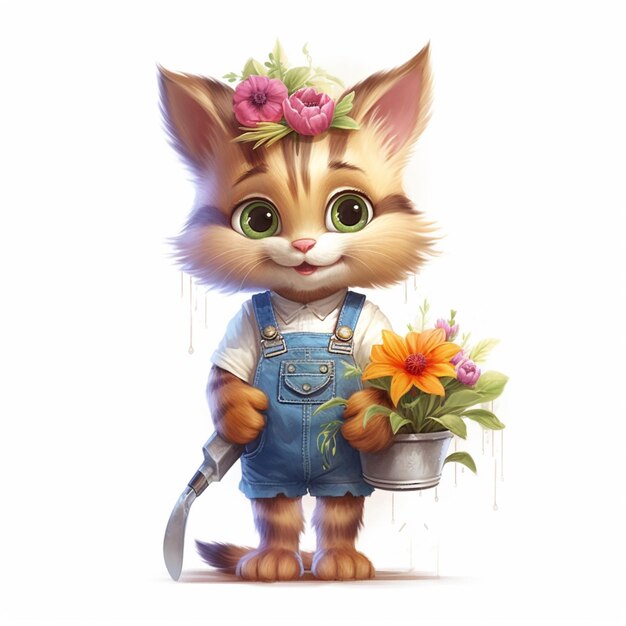 Foto karikaturkatze mit blumentopf und gartenmesser generativ ai