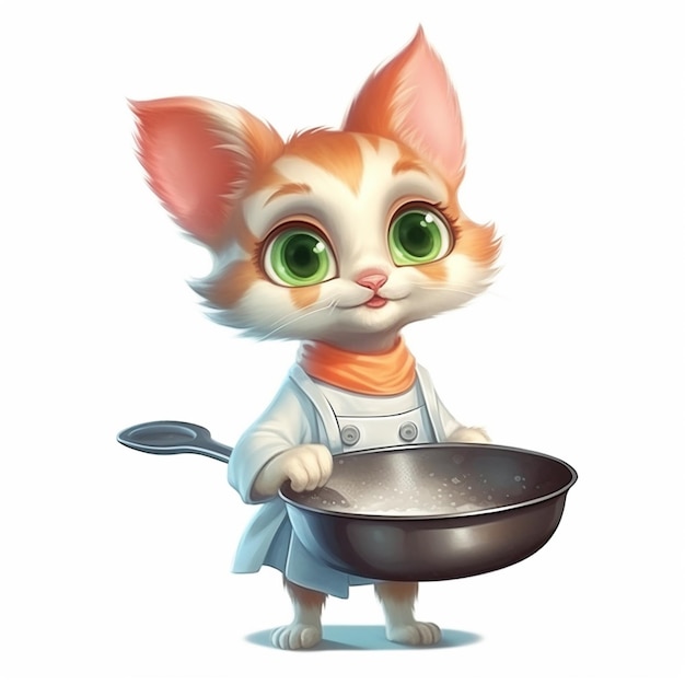 Foto karikaturkatze mit chefuniform hält eine bratpfanne generativ ai