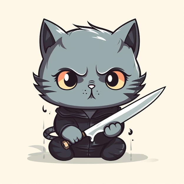 Foto karikaturkatze mit einem messer in den pfoten sitzt auf dem boden