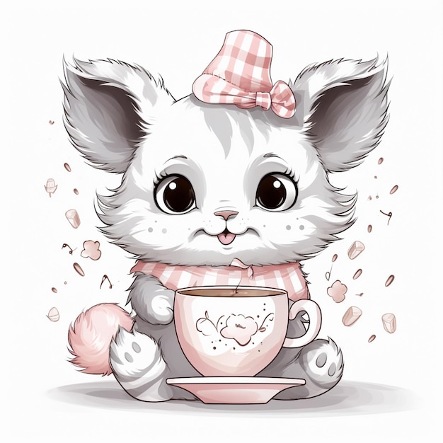 Karikaturkatze mit einem rosa Hut und einer Tasse Kaffee