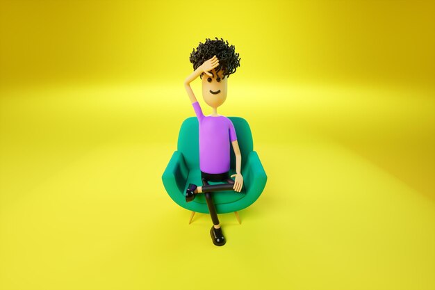 Karikaturmann müde, in einem grünen Stuhl auf gelbem Hintergrund zu sitzen. Termin bei einem Psychiater, psychische Probleme, Diplomatie, Probleme. Kopieren Sie Platz, 3D-Rendering, 3D-Darstellung.