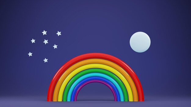 karikaturregenbogen mit mond und sternen in der nacht 3d rendern