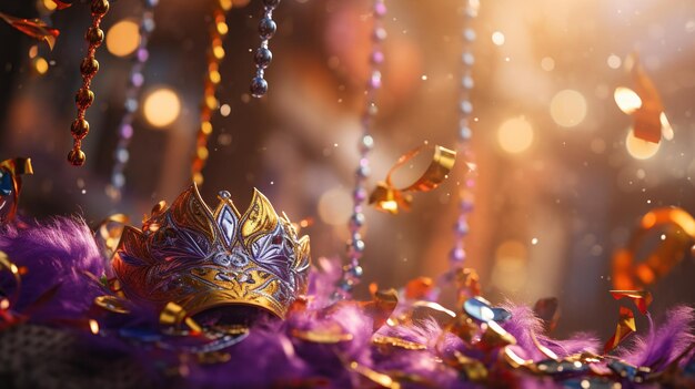 Foto karnevalmaske farbenfrohe mardi gras perlen und bokeh-lichter festlicher hintergrund ki generierte inhalte