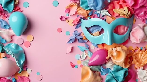 Karnevalsbanner mit Karnevalsmasken und Karnevalsornamenten auf pastellfarbenem Hintergrund