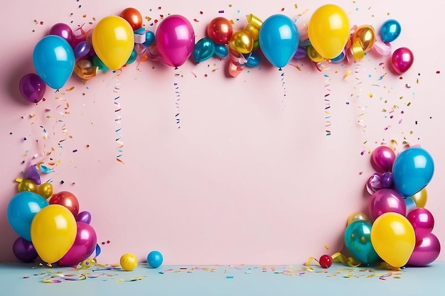 Karnevalskonzept von Ballons, Konfettibändern auf einem einfachen Hintergrund mit Copy-Raum