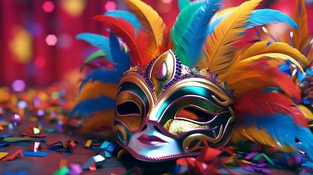 Karnevalsmaske auf einem stilvollen, hellen, gesättigten Hintergrund mit dekorativen Elementen generativer KI