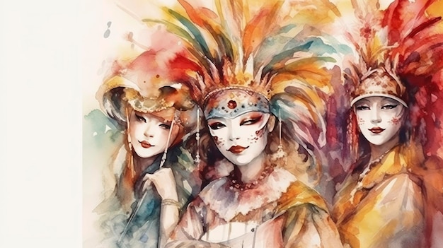 Karnevalsmaske aus Venedig mit farbigen Federn, realistische Zeichnung, Aquarellillustration