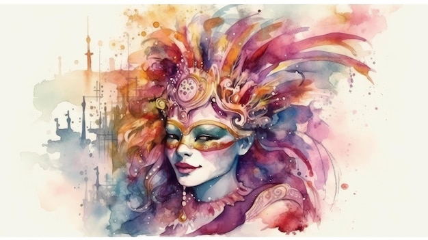 Karnevalsmaske aus Venedig mit farbigen Federn, realistische Zeichnung, Aquarellillustration