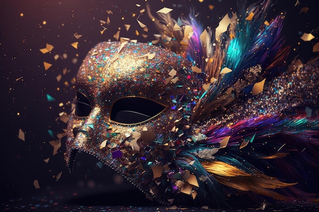 Karnevalsmaske mit viel glänzendem Konfetti-Glitzer und Federn Neurales Netzwerk AI generierte Kunst