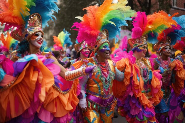 Karnevalsparade mit Wagen und Tänzern in farbenfrohen Kostümen, erstellt mit generativer KI