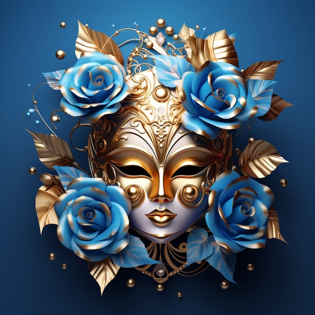 Foto karnevalsplakat von venedig goldmaske mit diamanten und rosen auf blauem geometrischen hintergrund