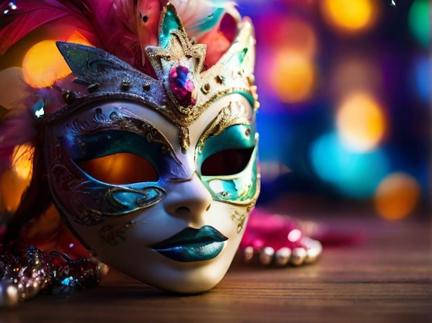 Karnevalsteil venezianische Maske mit farbenfrohen und abstrakten defokussierten Bokeh-Lichtern Kopierraum
