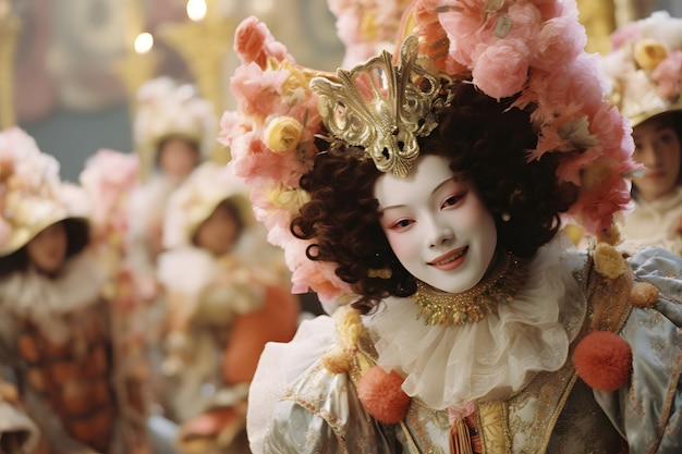Karnevalsumzug mit Menschen in Kostümen, die von verschiedenen Kulturen und Traditionen inspiriert sind