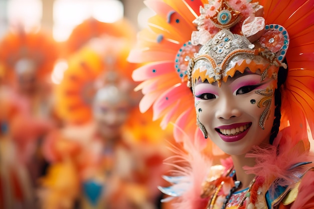 Karnevalsumzug mit Teilnehmern in schillernden Kostümen und Masken