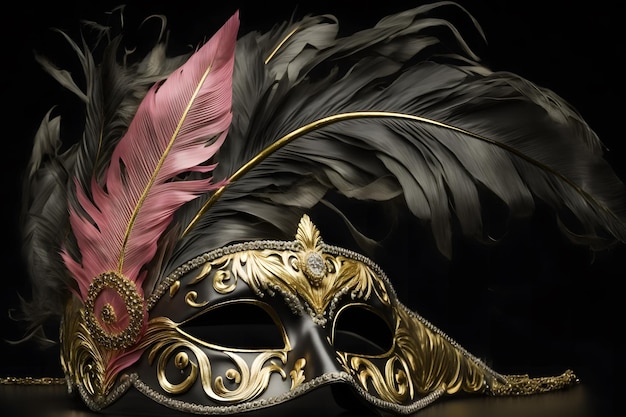 Karnevalszeit Venezianische Maske mit Federn auf schwarzem Hintergrund Neuronales Netzwerk AI generiert