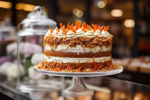 Karottenkuchen in einem Bäckereifenster mit anderen Desserts