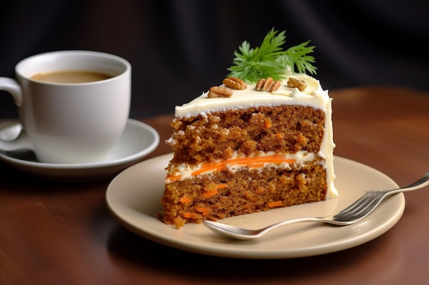 Karottenkuchen mit einer entfernten Scheibe, serviert mit einem Spritz Muskatnuss