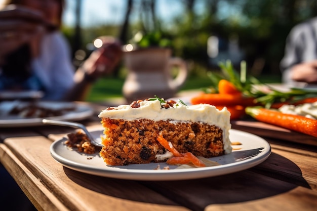 Karottenkuchen mit einer Scheibe, die mit einer Tasse heißen Tee genossen wird