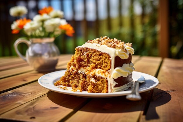 Karottenkuchen mit einer Scheibe, die mit einer Tasse heißen Tee genossen wird