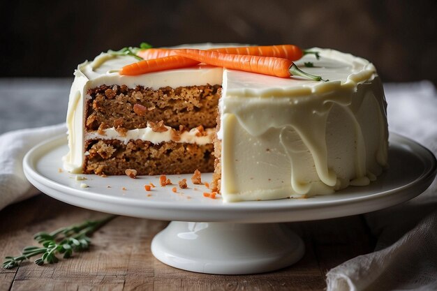 Karottenkuchen mit weißem Glasur und einer Karotte oben