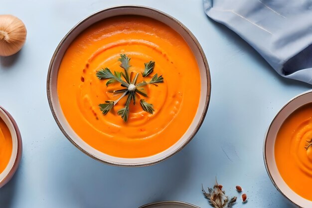 Karottensuppe mit Sahne und Petersilie auf einem dunklen Holzhintergrund Aussicht von oben