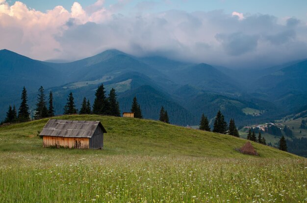 Karpatengebirgssommerlandschaft mit bewölktem Himmel und Haus, natürlicher Sommerreisehintergrund.