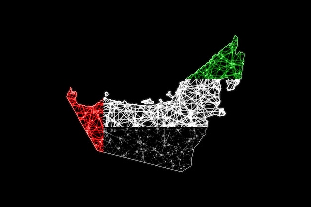 Karte der Vereinigten Arabischen Emirate, polygonale Maschenlinienkarte, Flaggenkarte