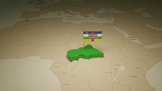 Karte der Zentralafrikanischen Republik mit Flagge auf Weltkartenhintergrund 3D-Rendering