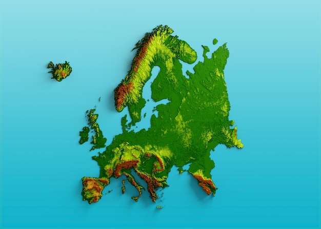 Karte Europa Schattenrelief Farbe Höhe Karte auf seeblauem Hintergrund 3D-Illustration