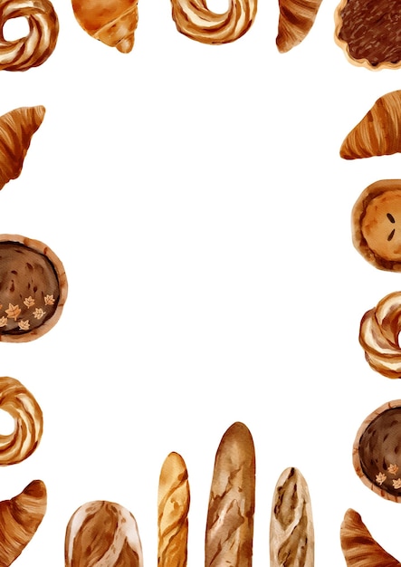 Karte mit Aquarell und handgezeichneter Bäckillustration Vorlage mit Brotcroissant und Brötchen