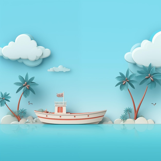 Karte mit Kokosnussbaum auf einer kleinen Insel und einem niedlichen Boot auf blauem Hintergrund für Reisedesign