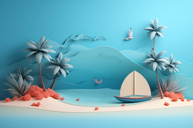 Karte mit Kokosnussbaum auf einer kleinen Insel und einem niedlichen Boot auf blauem Hintergrund
