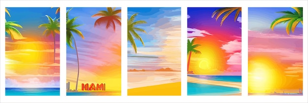 Karte mit realistischer Silhouette Palmen Sonnenuntergang Strand Tropische Landschaft mit sonnigem Himmel Palmen Strand Sommerurlaub Tropen mit Pflanzen Ozean Meereswellen Vektor festgelegt vertikale Plakate Tourismus