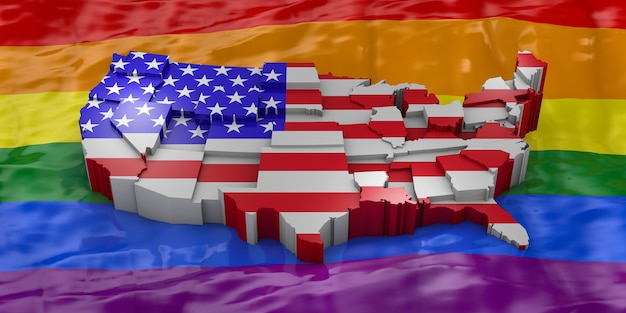 Karte und USA-Flagge auf dem Hintergrund der Flagge der LGBT-Community. 3D-Rendering.